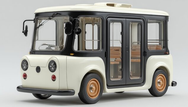 Retro-styled, cream-colored, small van with black accents