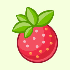 Cartoon Strawberry with Seeds and Green Leaves on a Cream Background