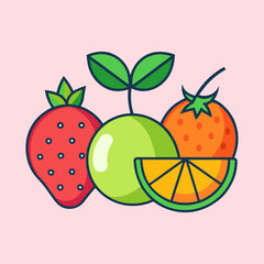 A colorful illustration of assorted fruits including strawberry, apple, orange, and citrus