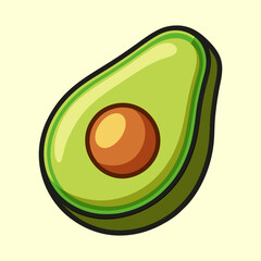 Stylized cartoon depiction of half an avocado with pit on a light background