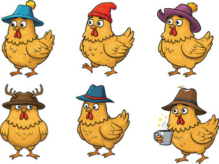 Funny cartoon chicken wearing different hats, cute farm animal character design, adorable vector illustration for children, mascot drawing, farm bird art