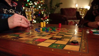 Festive board game night with friends, enjoying drinks by a Christmas tree