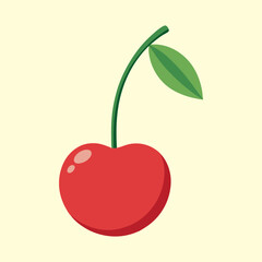 Single bright red cherry with a green stem and one leaf