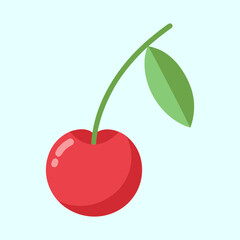 Simple Red Cherry with Stem and Leaf on Light Blue Background
