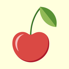 Stylized Red Cherry with Green Stem and Leaf on a Pale Yellow Background