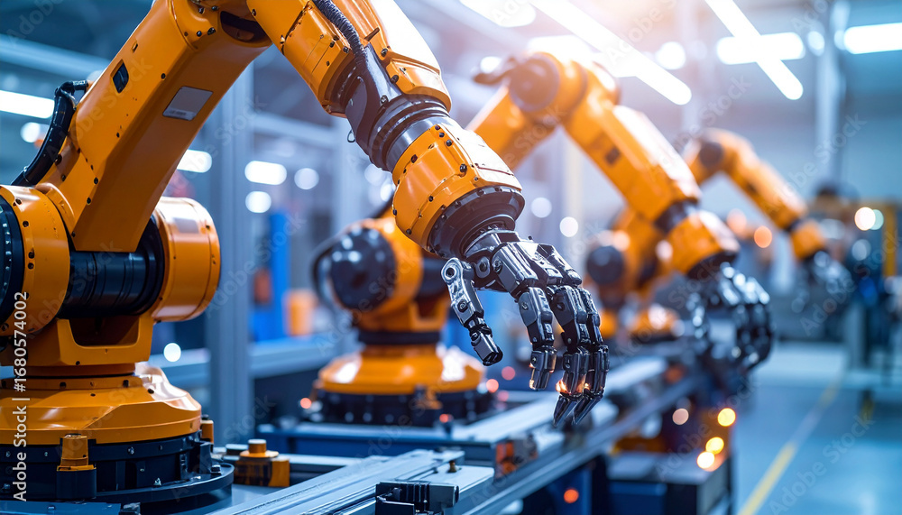 Poster robotics in action: industrial robot arms meticulously work in a modern factory, highlighting the pr