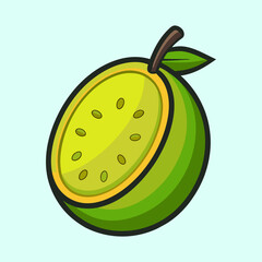 Illustration of a half passion fruit, with seeds and leaves, digital art