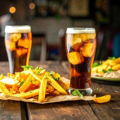 Crispy fries and drinks on a rustic table