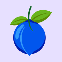 Stylized Blue Plum with Green Leaves and Stem on Lilac Background