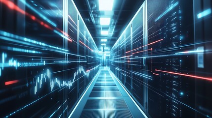 Futuristic Server Room/Data Center, Blue-Teal Tones & Red Light Trails, Dynamic Line Charts/Binary Code