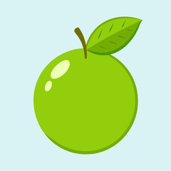 A bright green apple with a brown stem and green leaf