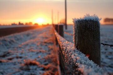 Frosty fence post at sunrise along a snowy road