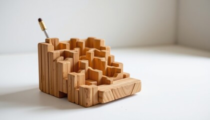 an upcycled forest waste desk organizer made from larch needles, highlighted by honeycomb like form and stackable modular system, set against pure white void with crisp detail.