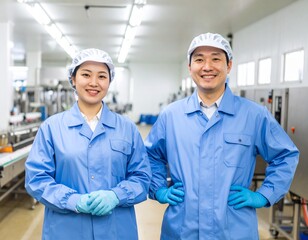 食品工場で制服姿で笑顔の男女の作業員