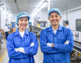 食品工場で制服姿で笑顔の男女の作業員