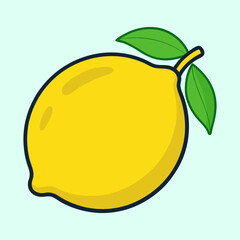 Illustration of a bright yellow lemon with green leaves on a branch