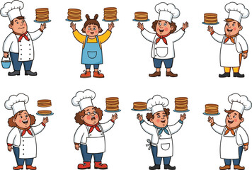 Cartoon chefs and kids holding pancakes, funny character collection for restaurant menu, bakery design, food packaging, recipe book illustration