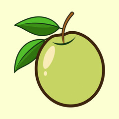 Cartoon Illustration of a Green Apple with Leaves and Stem in Focus