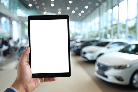 Hand holding tablet with blank screen in car showroom (4)