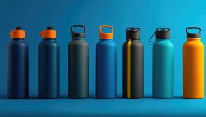 Row of assorted reusable water bottles in various shades of blue, teal, and orange against a vibrant blue background