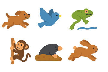 Fototapeta premium Animal Action Icons. Flat vector mini-illustrations animal actions in colors children's illustrations: running dog, flying bird,