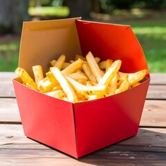 Crispy fries in a red takeout box outdoors