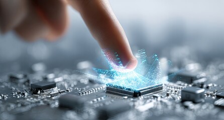 Fingertip interacts with a glowing, digital graphic circuit board