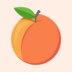 A bright and colorful cartoon peach with a green leaf attached
