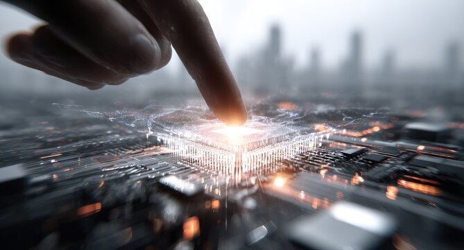 A finger touches a glowing circuit board in a cityscape background