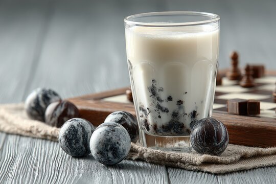 Glass of milky drink with dark chocolate accents, beside marble-patterned chocolates and a wooden chessboard - Powered by Adobe