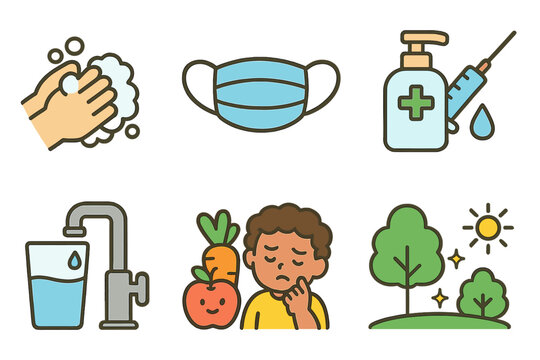Child-Friendly Hygiene Icons. Flat vector mini-illustrations infection prevention in colors children's illustrations: hand washing