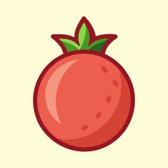 Stylized bright red pomegranate with green leaves isolated on cream background