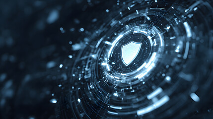 This is a digital art illustration featuring cyberseurity and technology theme with glowing cyber elemens and a shield icon at itscenter.