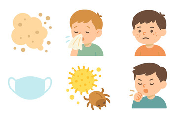 Children's Allergy Icons. Flat vector mini-illustrations dust particles in colors children's illustrations: dust cloud, floating