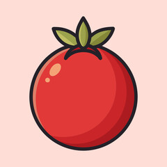 Illustration of a Fresh Red Tomato with Green Leaves and Black Outline