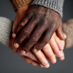 Fototapeta premium Diverse Hands Stacked in Unity, Symbolizing Teamwork and Solidarity