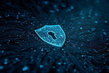 Wallpaper Illustration and background of cyber securty data protection shield,with key lock security sysem, technology digital. Frnt view. Concept of databae security software. Genertive AI