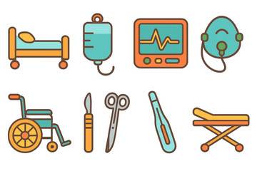 Children's Hospital Equipment Icons. Flat vector mini-illustrations hospital equipment in colors children's illustrations: