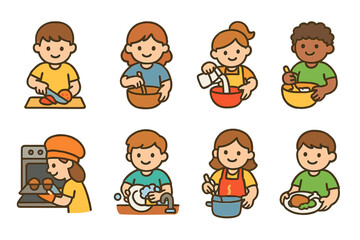 Children's Kitchen Icons. Flat vector mini-illustrations kitchen actions in colors children's illustrations: chopping, stirring,