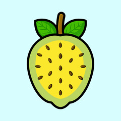 Cartoon guava with green leaves and yellow fruit with dark seeds