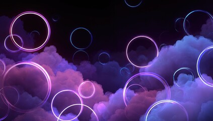 Abstract, neon circles in purple and blue clouds