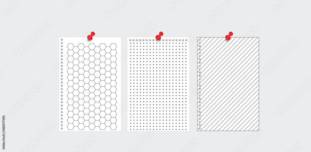 Poster geometric,pattern,paper sheets set with hexagon dots and diagonal line designs pinned with red push 