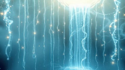 Abstract glowing blue jellyfish with shimmering lights and flowing tendrils underwater scene design