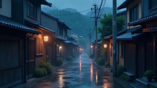 Traditional Japanese house street. Rainy old asian village. Lofi loop anime style animation background .