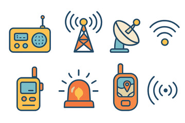 Colorful Beacon Icons. Flat vector mini-illustrations beacon communication devices in colors children's illustrations: radio