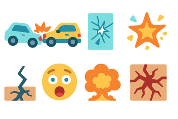 Colorful Car Crash. Flat vector mini-illustrations collision in colors children's illustrations: crashing cars, bumper hit, broken