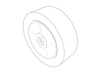 Hand Pallet Truck Wheel Component View. Technical Outline Illustration of Jack Pump, Jigger, Forklift Wheel. Monochrome Vector for Industrial Material Handling and Durable Warehouse Equipment.