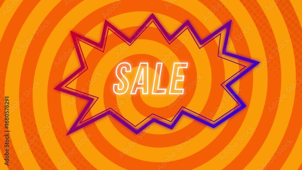 Poster animation of sale text in speech bubble with orange spiral pattern template