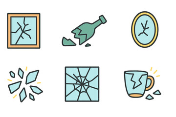 Colorful Glass Breaks. Flat vector mini-illustrations breaking glass in colors children's illustrations: shattered window, broken