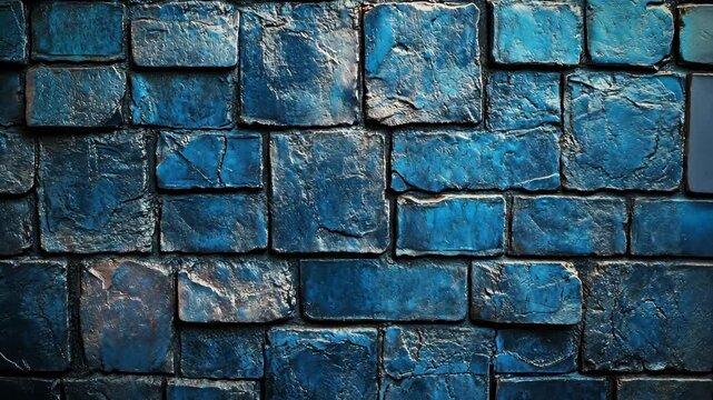Detailed closeup view of a rugged blue painted stone brick wall background.